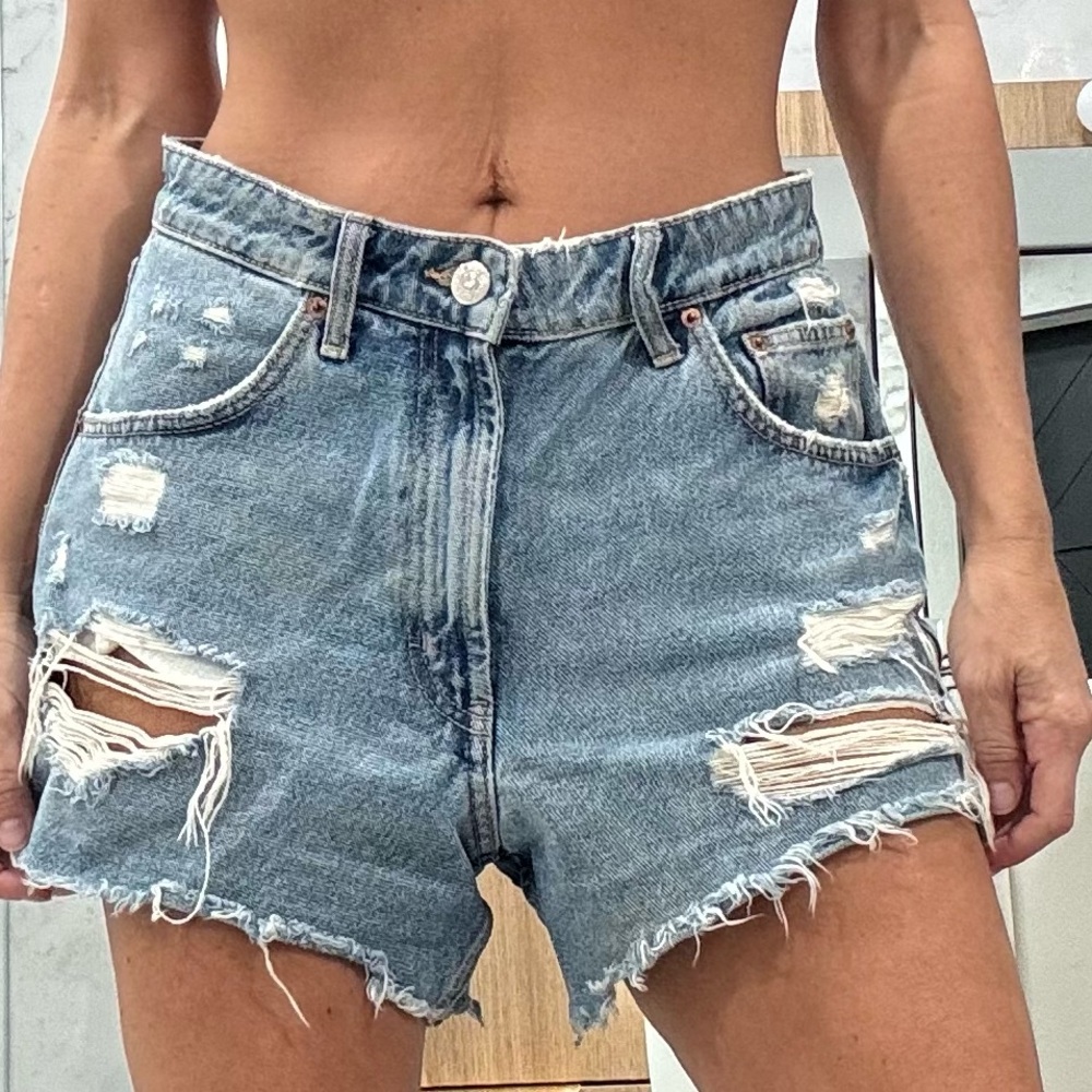 Zara Light Blue Distressed Jean Shorts